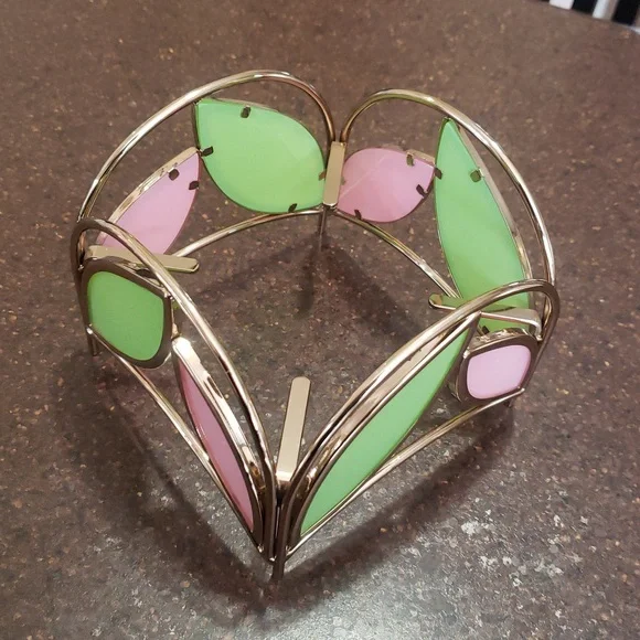 Bath & Body Works Pink & Green Leaf Stained Glass MCM Candle Holder 3 Wick - Picture 3 of 3